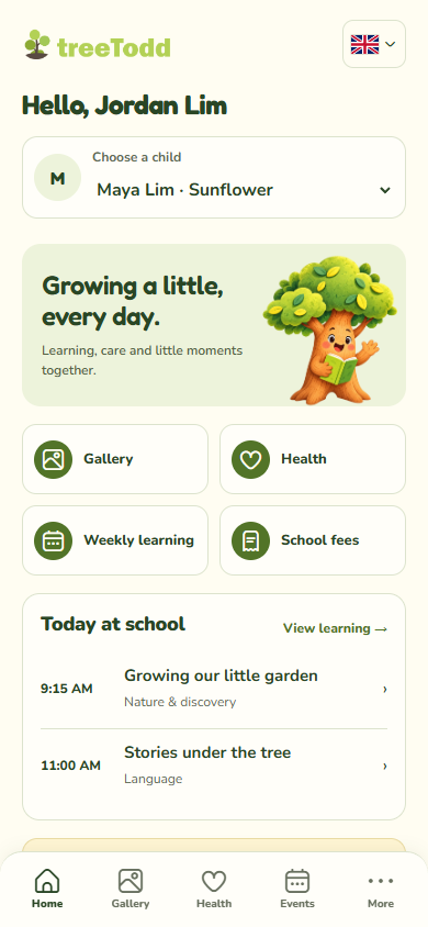 TreeTodd parent home showing a selected child, daily lessons and shortcuts for gallery, health, weekly learning and school fees.