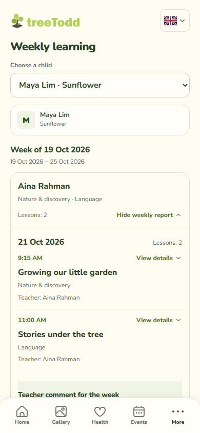 TreeTodd parent weekly learning showing two lessons grouped by date with a teacher comment.