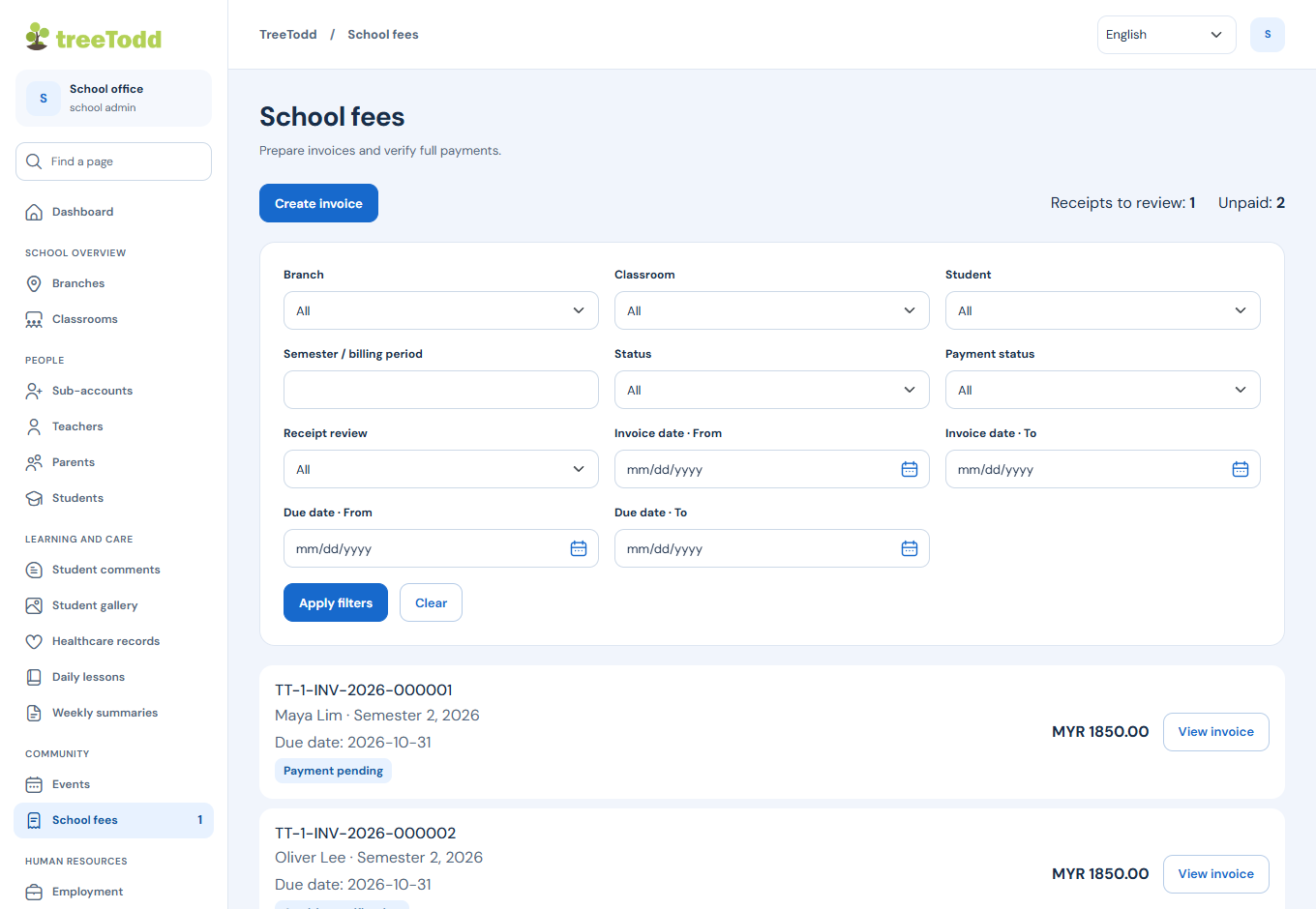 TreeTodd school-fee page with invoice filters, due dates, payment statuses and fictional student invoices.