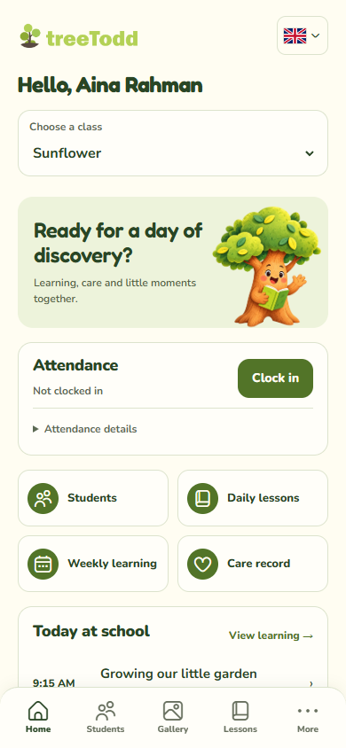 TreeTodd teacher home showing the selected Sunflower class, attendance, shortcuts and today's lessons.
