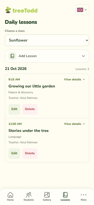 TreeTodd teacher daily lessons showing two scheduled class lessons and their record actions.