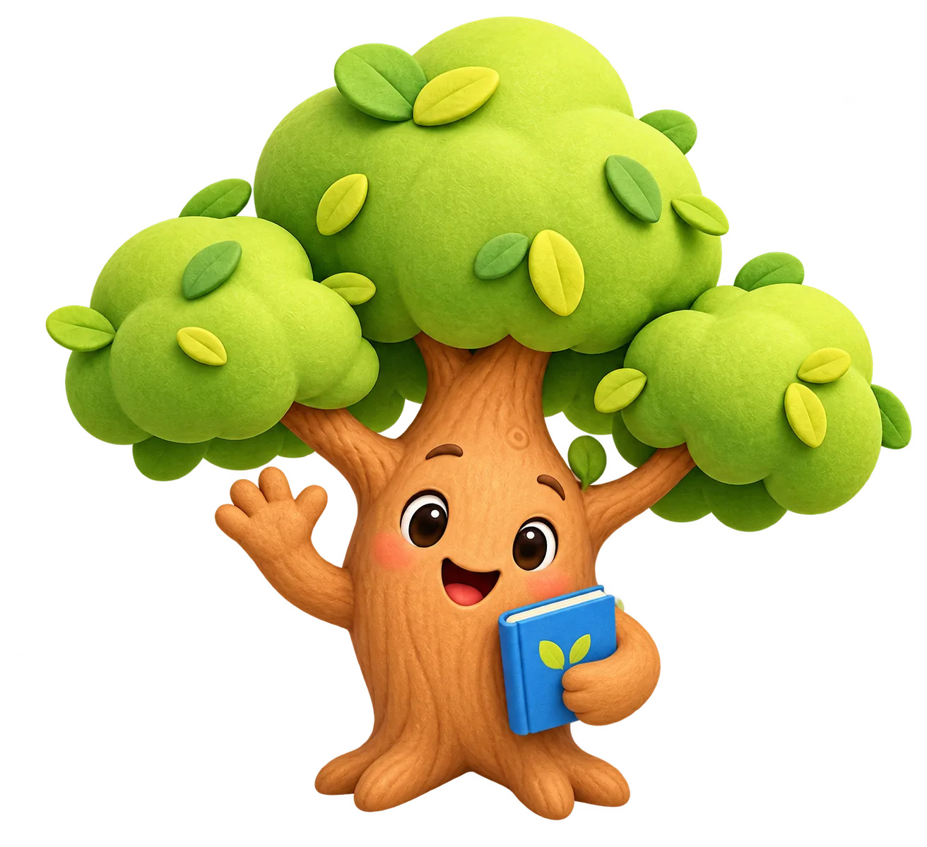 TreeTodd's smiling tree mascot waving and holding a blue book.